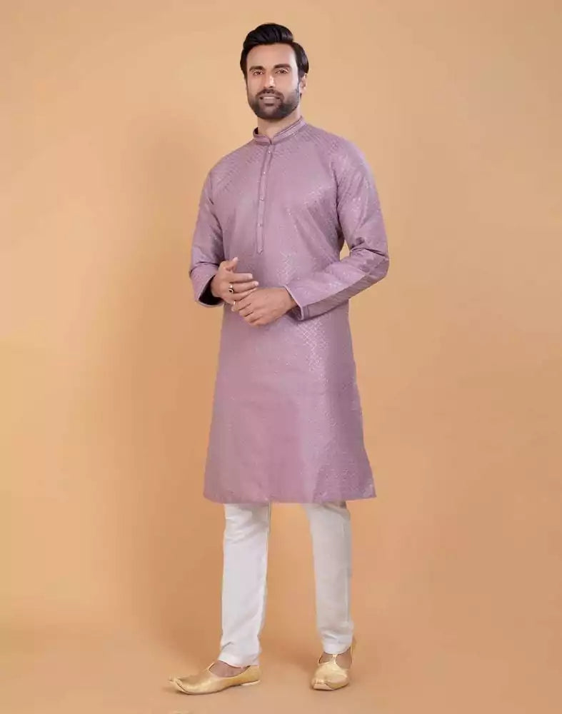 Image of Light Pink Soft Silk Fabric With All Silver Zari Work Kurta Set