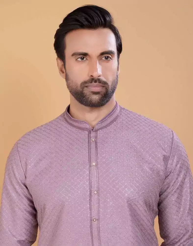 Image of Light Pink Soft Silk Fabric With All Silver Zari Work Kurta Set