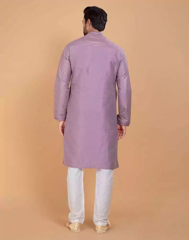 Image of Light Pink Soft Silk Fabric With All Silver Zari Work Kurta Set