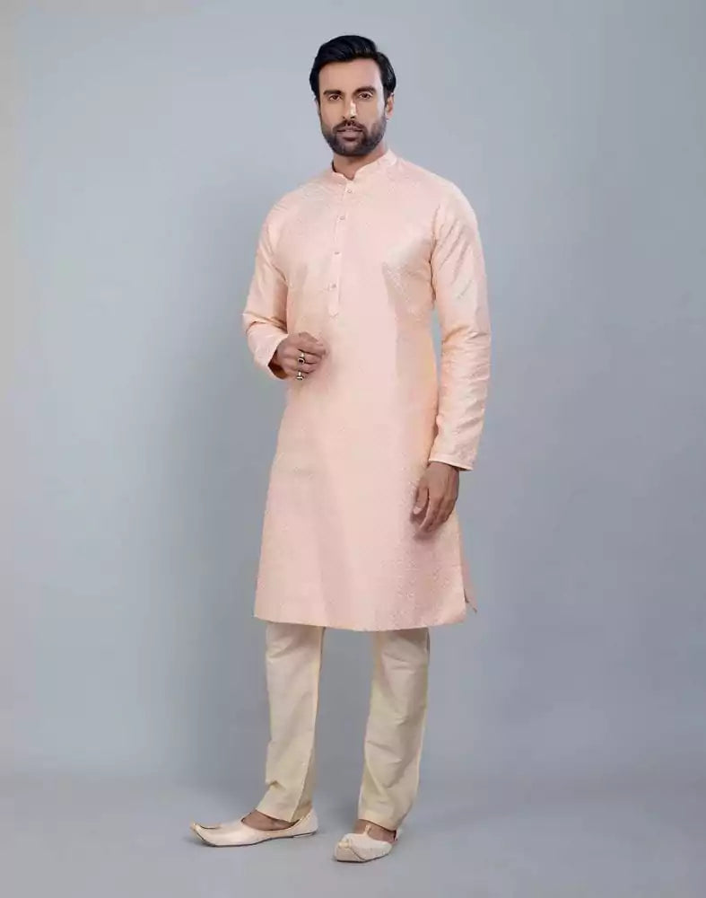 Image of Peach Soft Silk Fabric With All Silver Zari Work Kurta Set