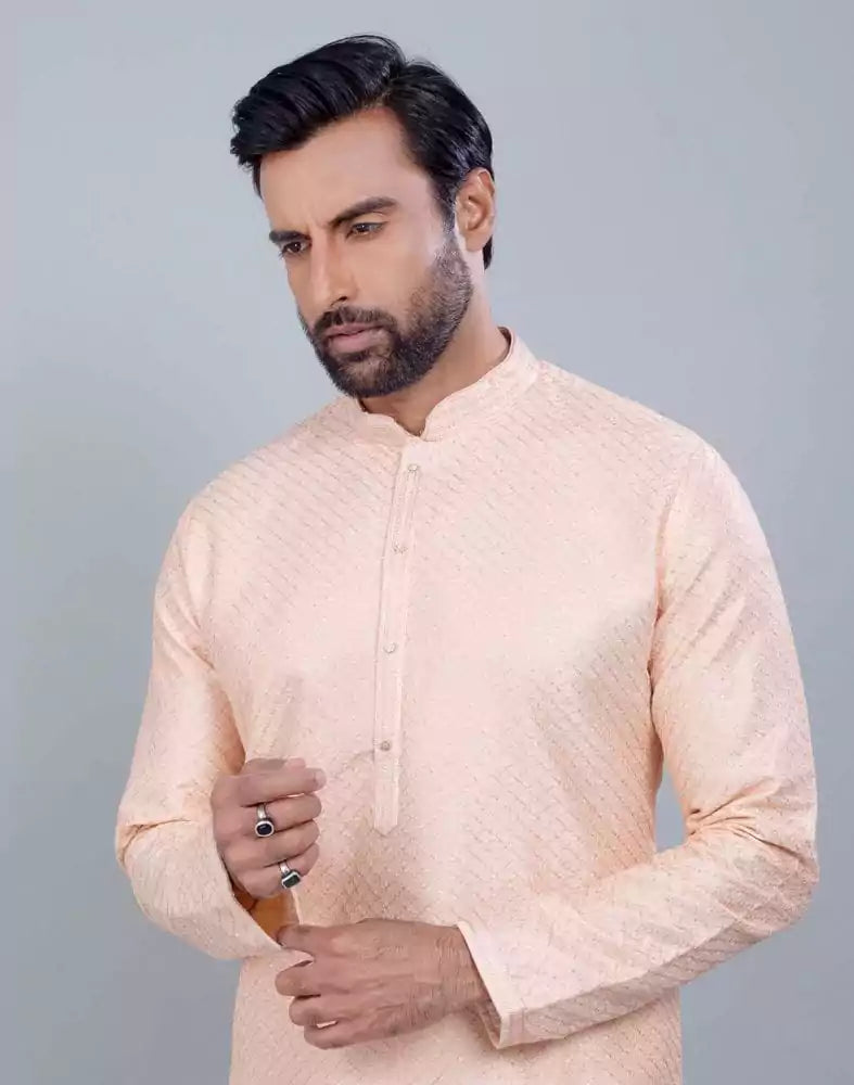 Image of Peach Soft Silk Fabric With All Silver Zari Work Kurta Set