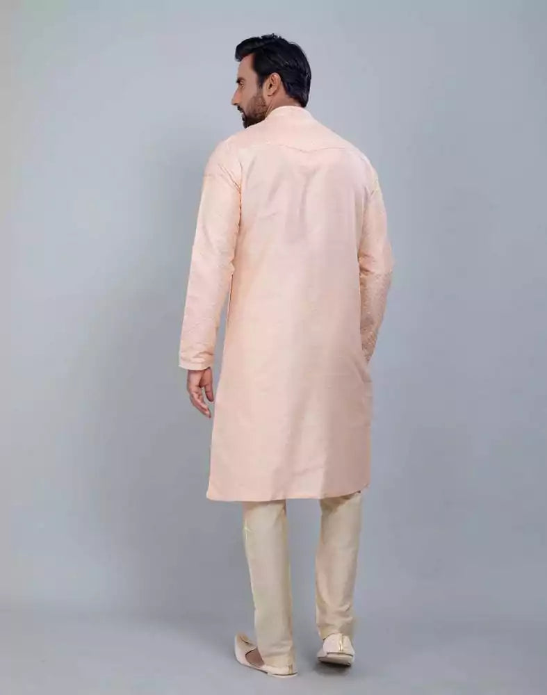 Image of Peach Soft Silk Fabric With All Silver Zari Work Kurta Set