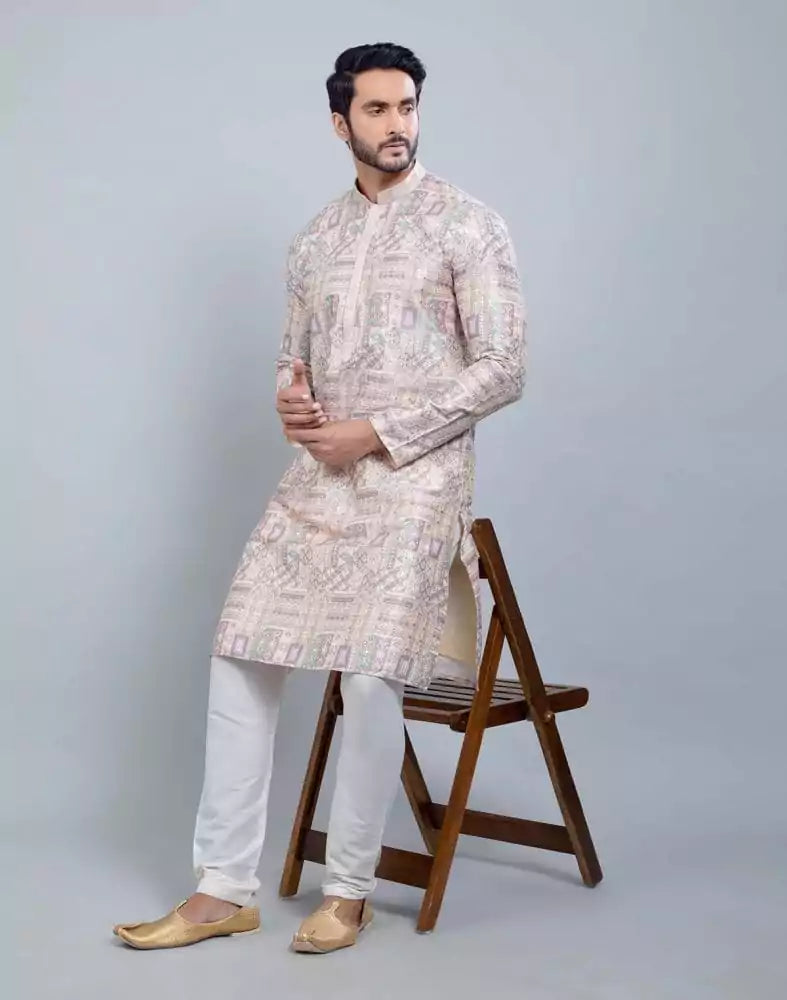 Image of Fawn Colour All Over Printed With Silk Zari Work Kurta Set