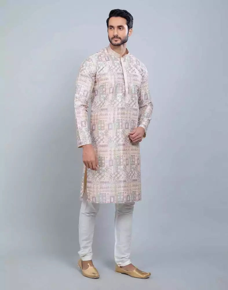 Image of Fawn Colour All Over Printed With Silk Zari Work Kurta Set