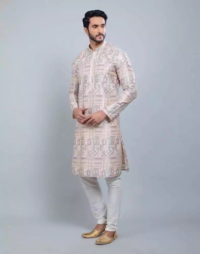 Image of Fawn Colour All Over Printed With Silk Zari Work Kurta Set