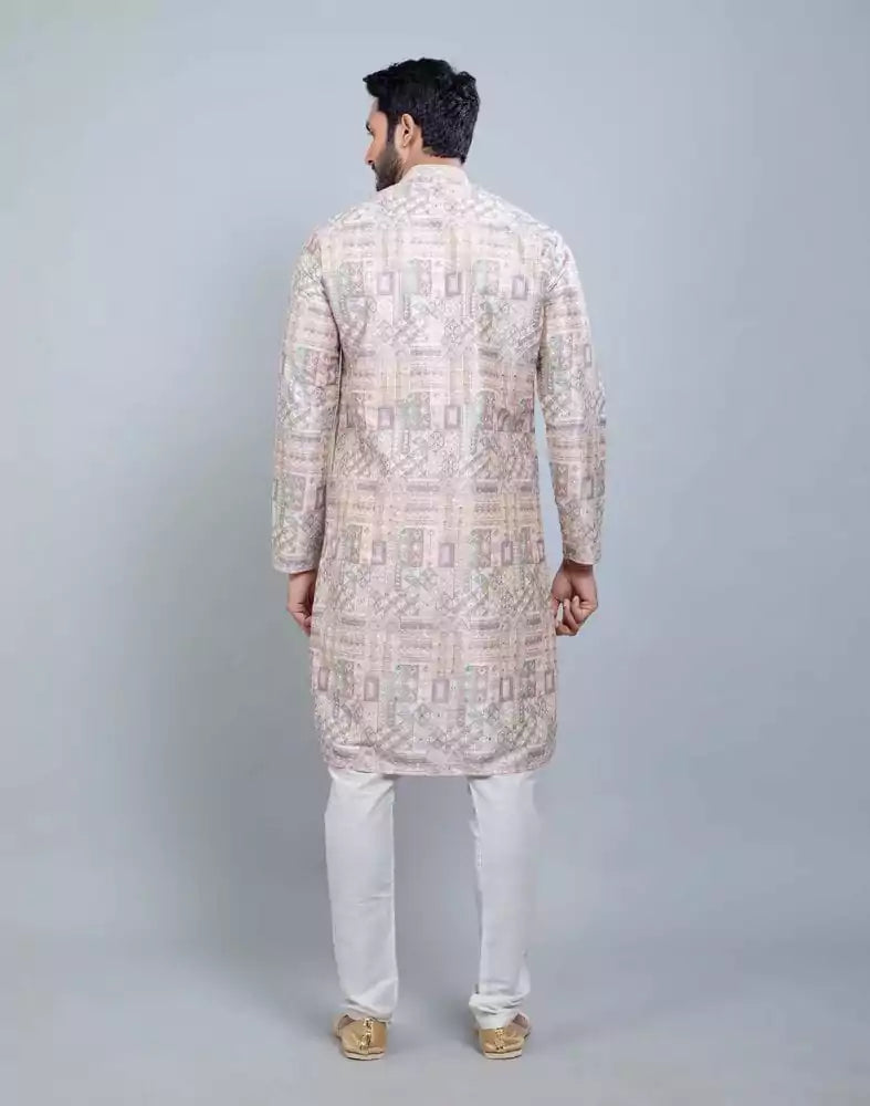 Image of Fawn Colour All Over Printed With Silk Zari Work Kurta Set