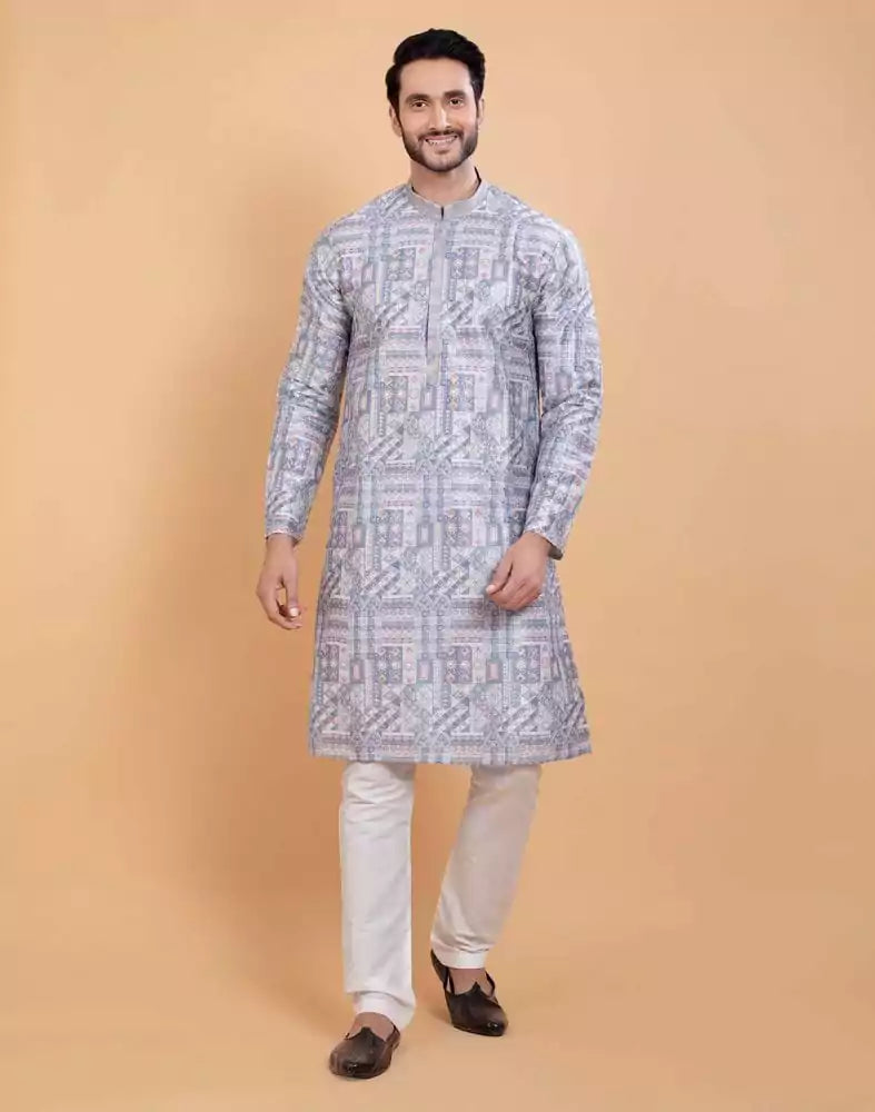 Image of All Over Printed With Silk Zari Work Kurta Set