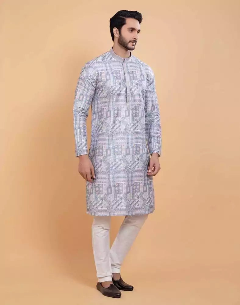 Image of All Over Printed With Silk Zari Work Kurta Set