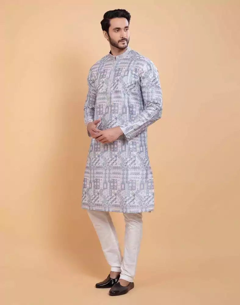 Image of All Over Printed With Silk Zari Work Kurta Set