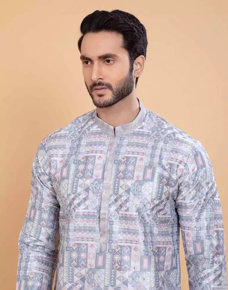 Image of All Over Printed With Silk Zari Work Kurta Set