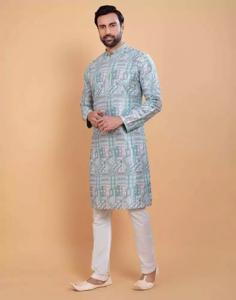 Image of Sky Blue Coloured All Over Printed With Silk Zari Work Kurta Set