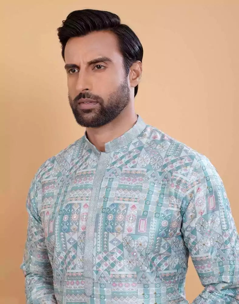 Image of Sky Blue Coloured All Over Printed With Silk Zari Work Kurta Set