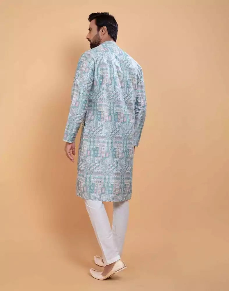 Image of Sky Blue Coloured All Over Printed With Silk Zari Work Kurta Set