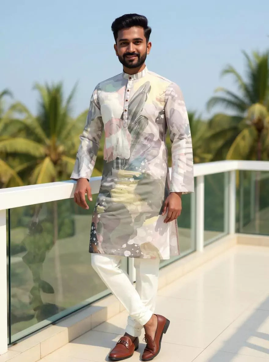 Image of Purple Digital Graphic Print Cotton Silk Kurta