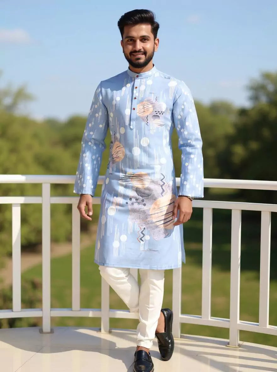 Image of Light Sky Geometric Print Cotton Silk Kurta for Men