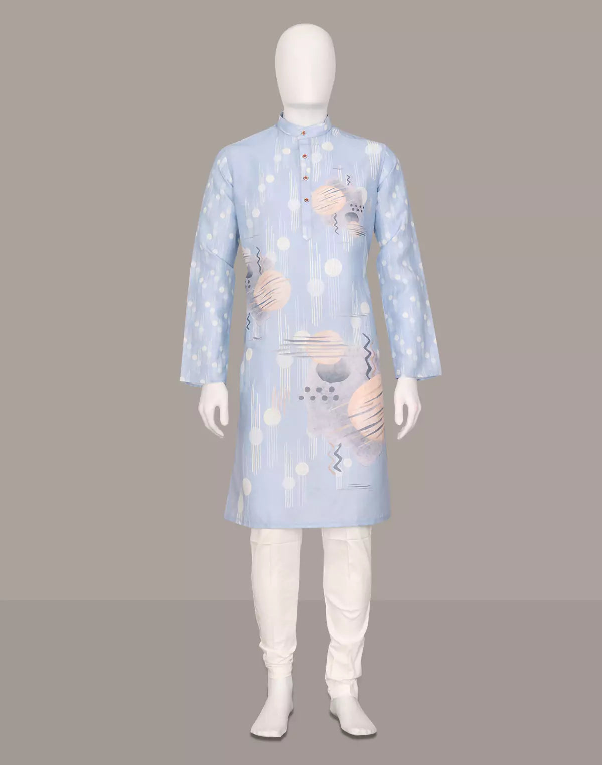 Image of Light Sky Geometric Print Cotton Silk Kurta for Men