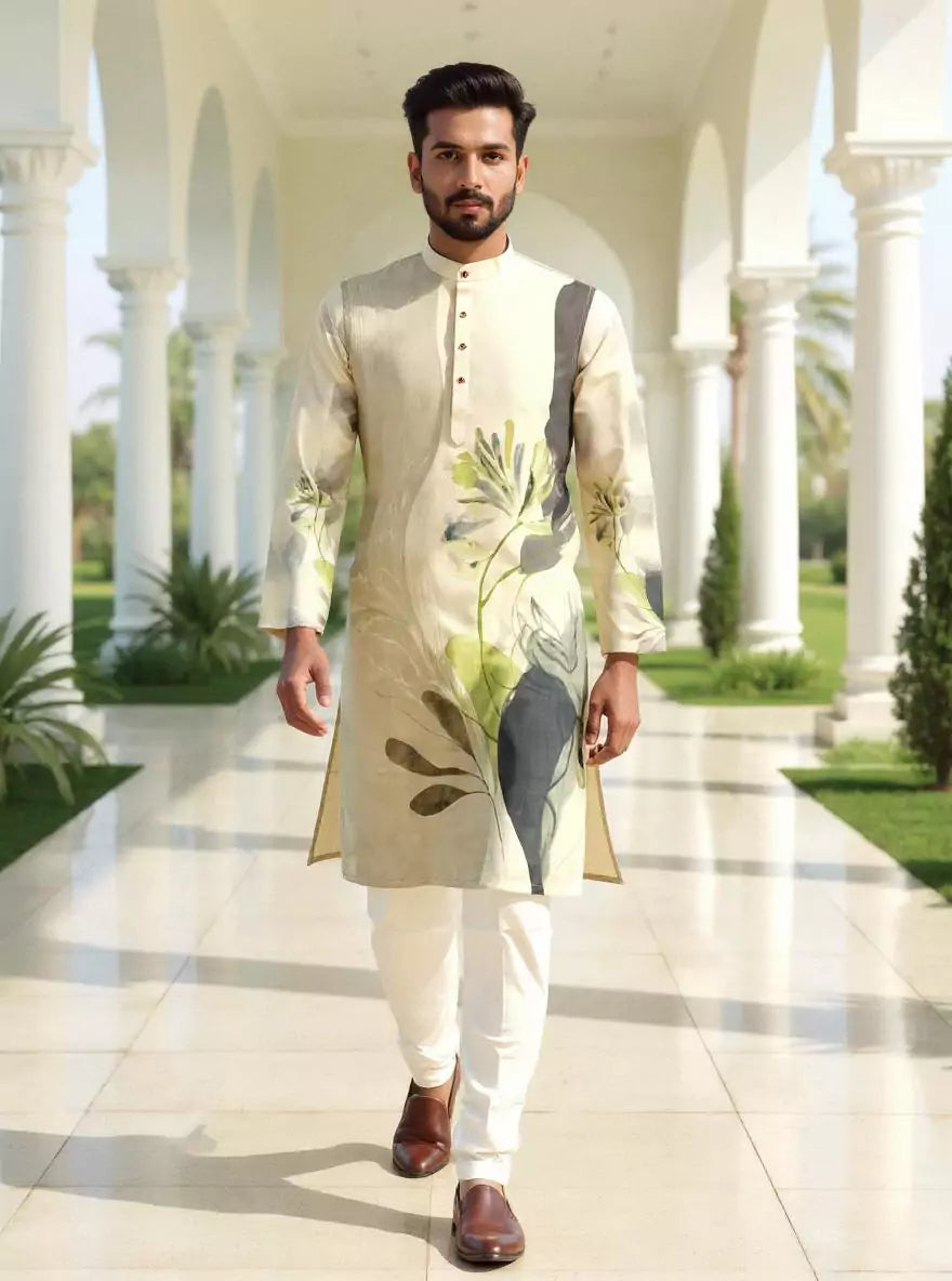 Image of Men's Cotton Silk Floral Print Kurta
