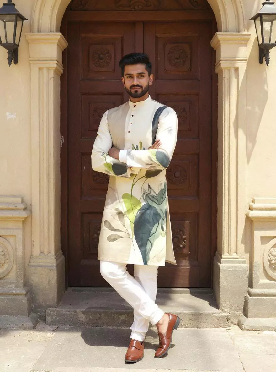 Image of Men's Cotton Silk Floral Print Kurta