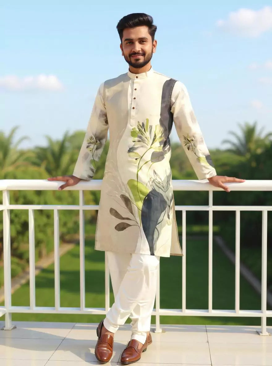Image of Men's Cotton Silk Floral Print Kurta