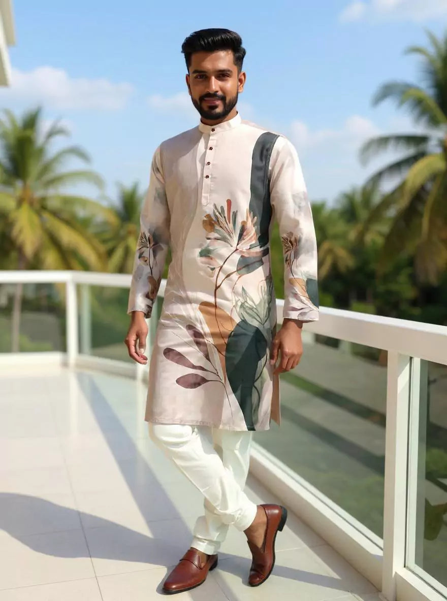 Image of Men's Cotton Silk Floral Print Kurta