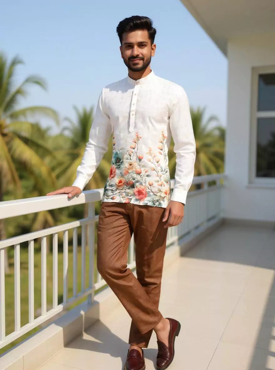 Image of Digital Floral Printed Off White Linen Short Kurta