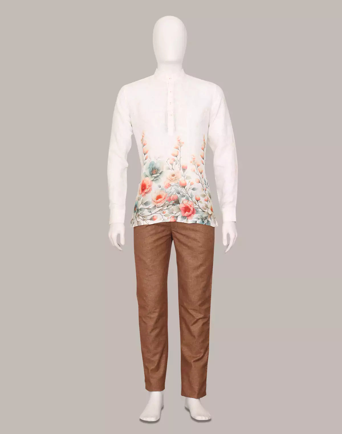 Image of Digital Floral Printed Off White Linen Short Kurta