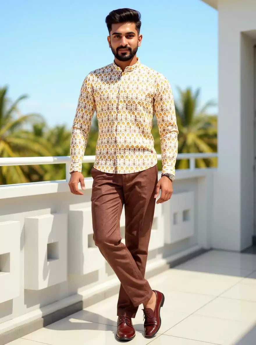 Image of Yellow Ethnic Motifs Cotton Silk Printed Short Kurta