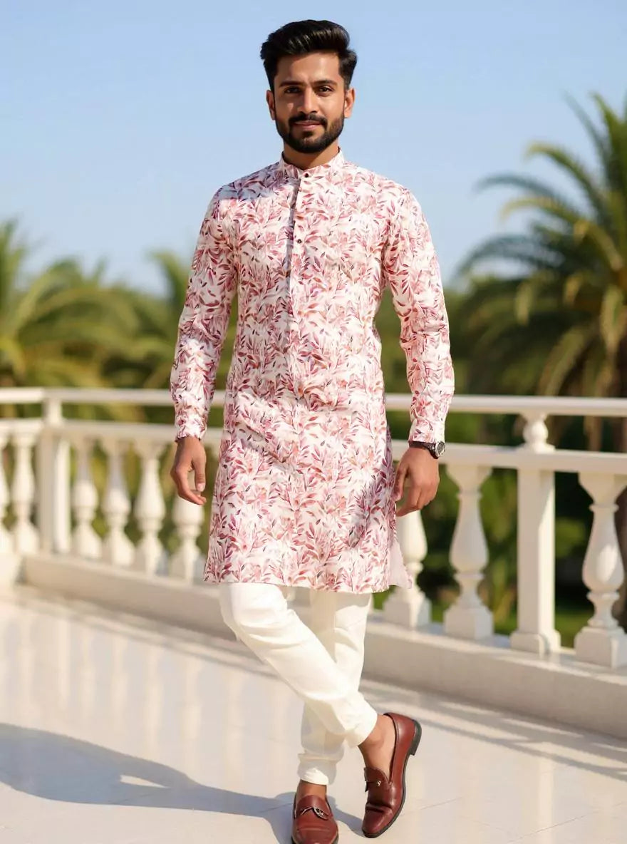 Image of Light Brown Botanical Digital Print Cotton Kurta