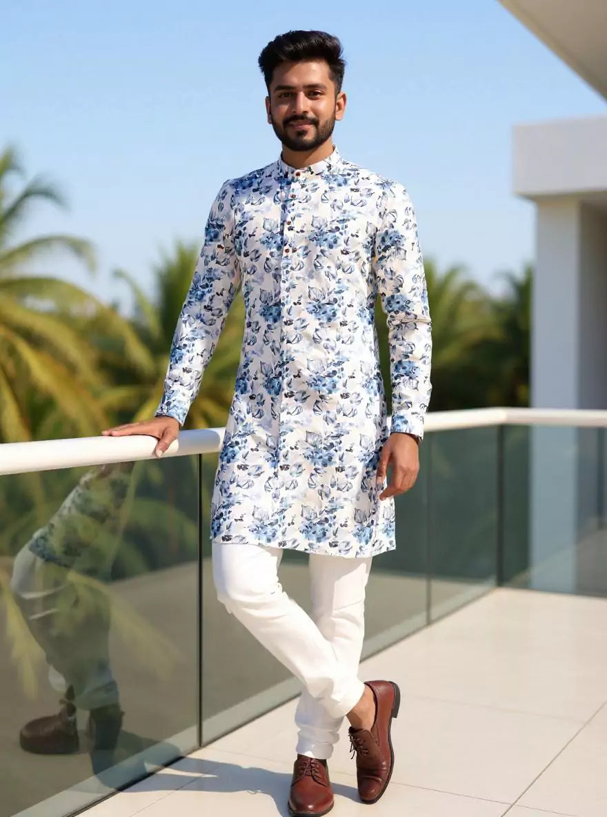 Image of Floral Digital Printed Light Green Cotton Kurta