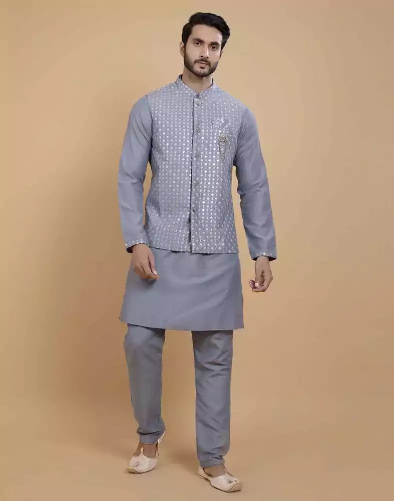 Image of Soft Kurta With Raw Silk Sequence Work Jacket Style