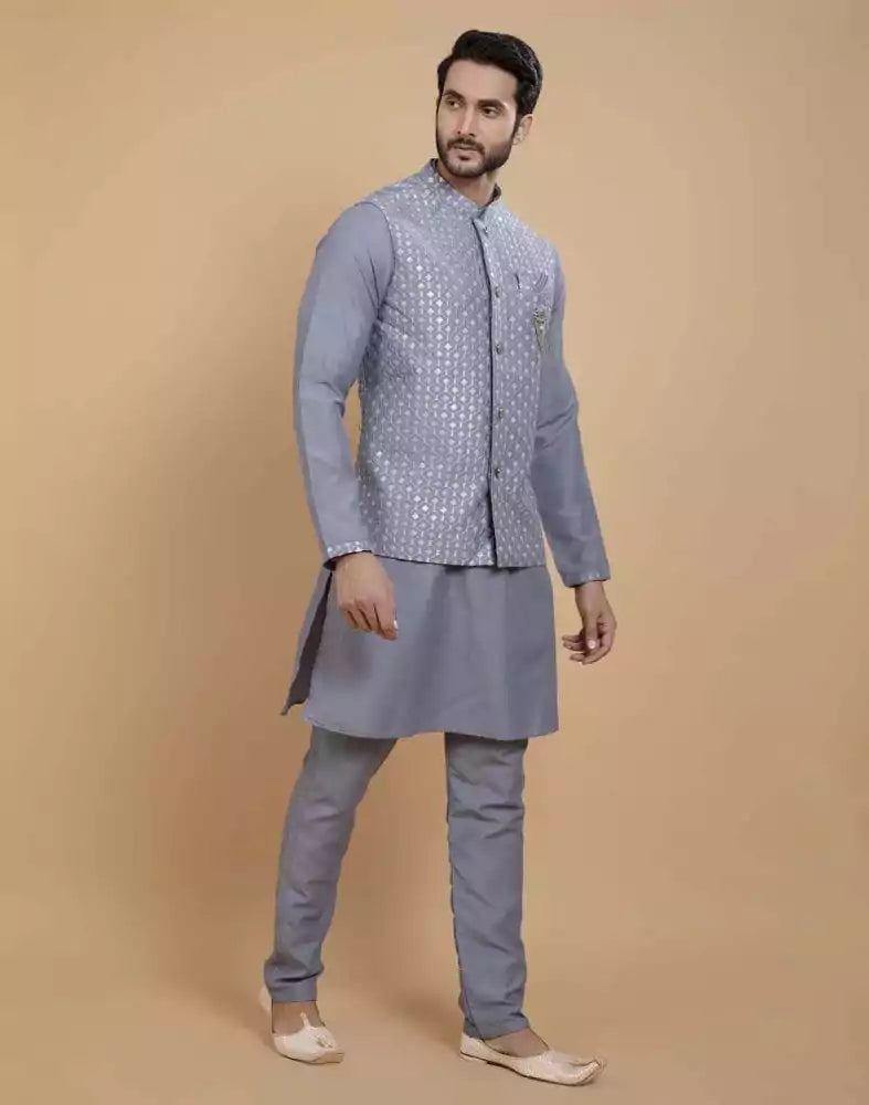 Image of Soft Kurta With Raw Silk Sequence Work Jacket Style