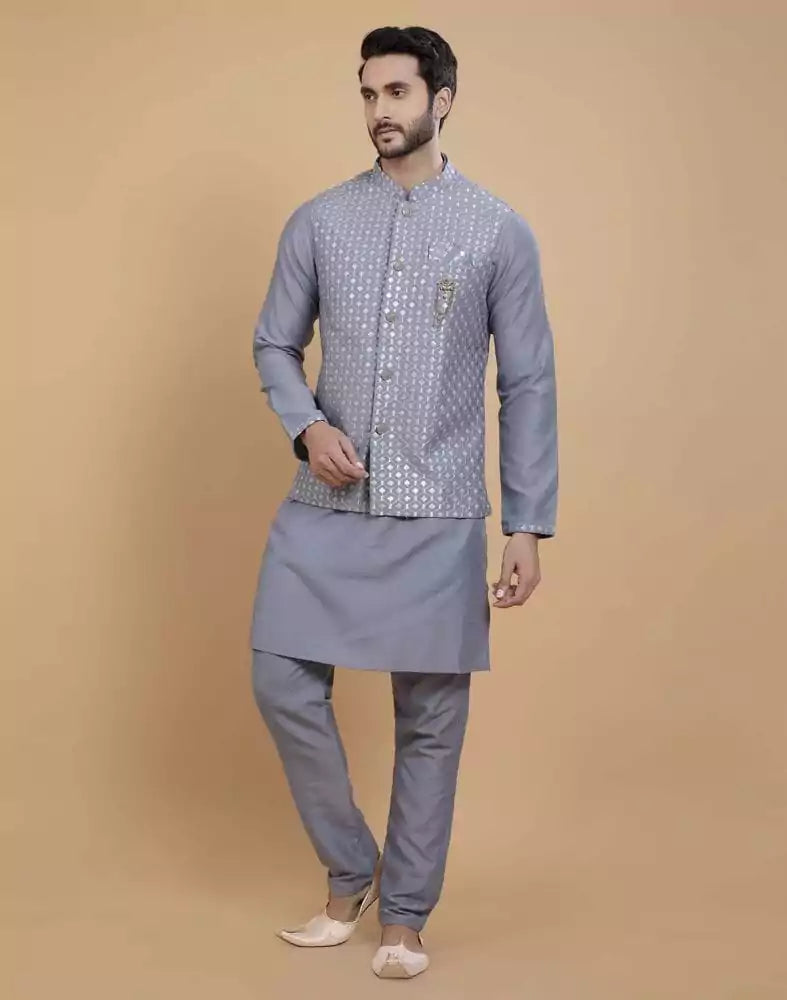 Image of Soft Kurta With Raw Silk Sequence Work Jacket Style