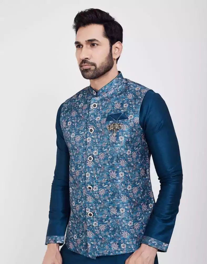 Image of Blue Printed Jacquard Kurta Set