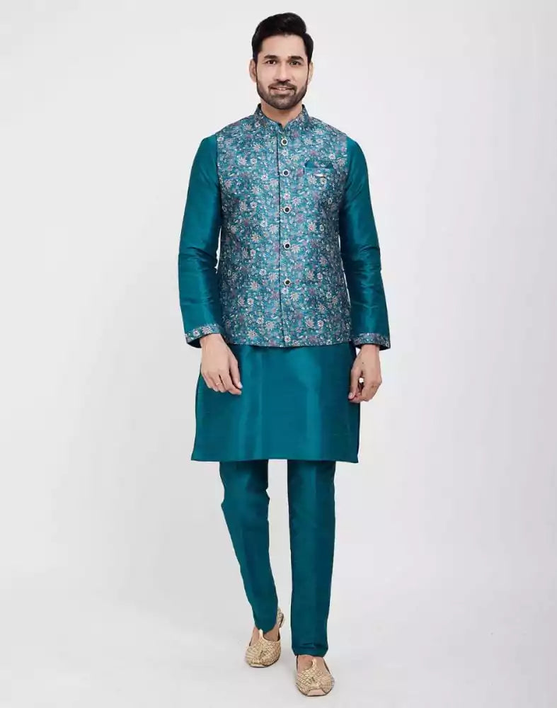 Image of Green Printed Jacquard Kurta Set