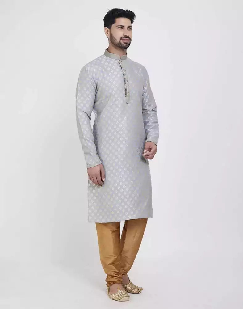 Image of Grey Self Highlighted Brocade Design Kurta Pajama Set