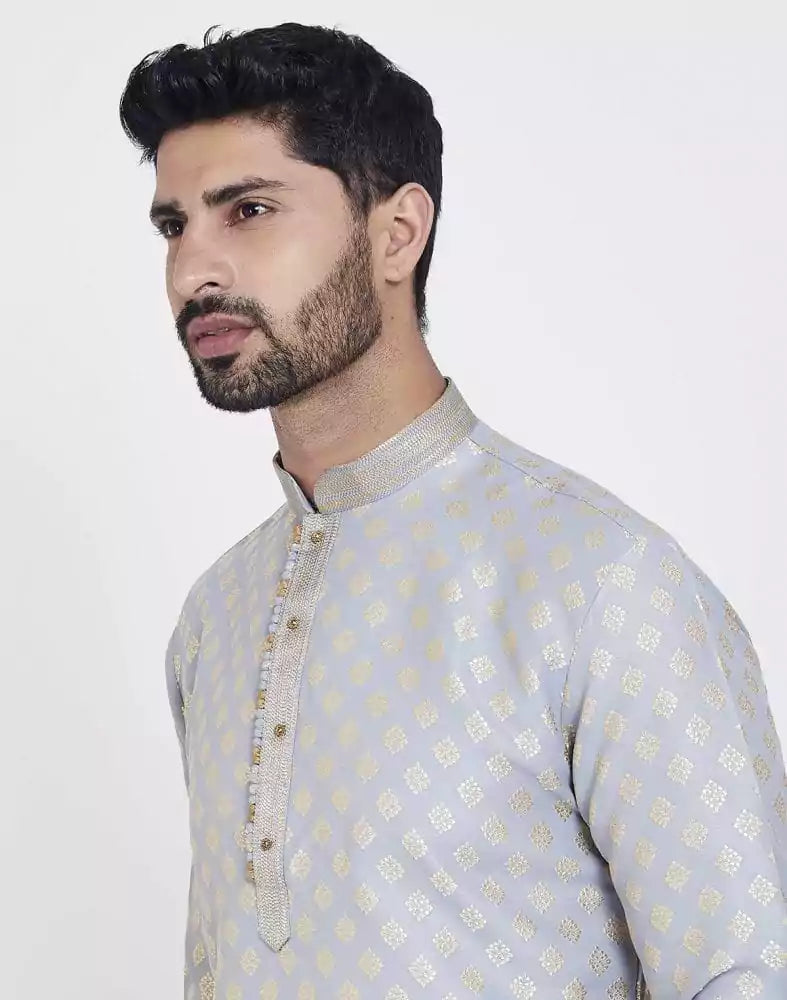 Image of Grey Self Highlighted Brocade Design Kurta Pajama Set