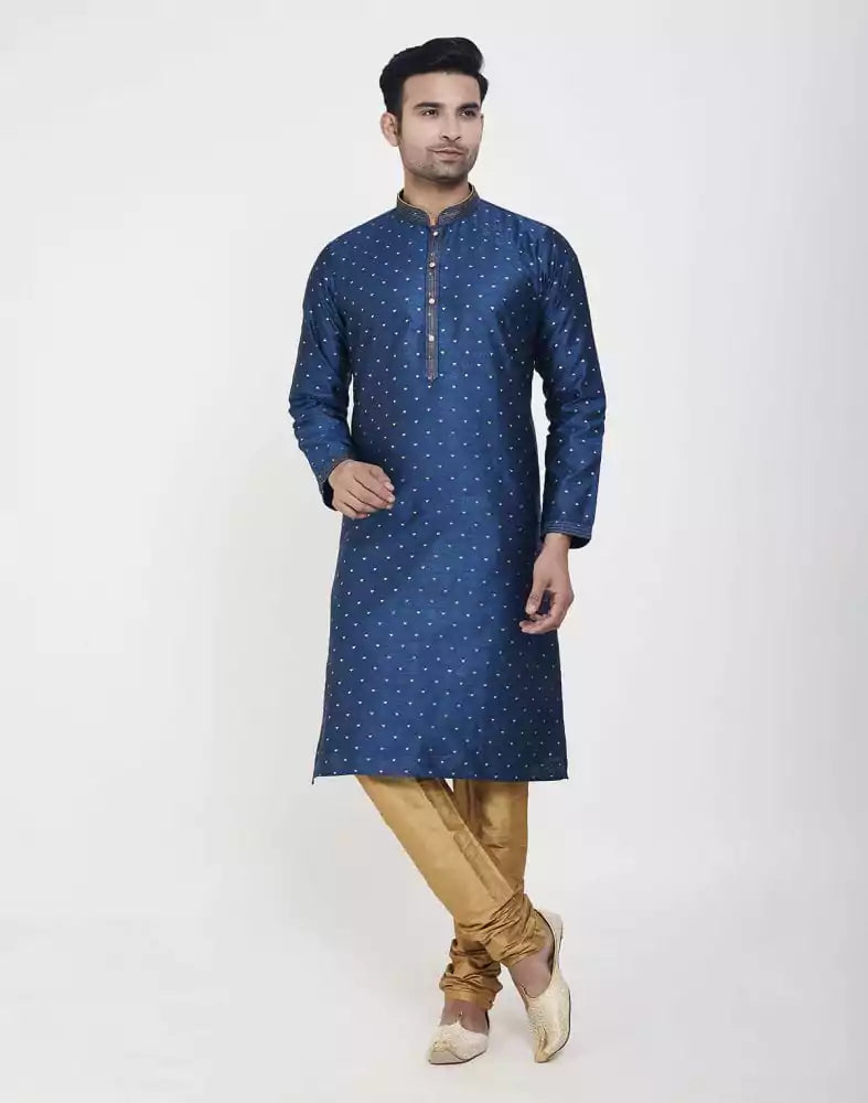 Image of Navy Blue Self Highlighted Brocade Design Kurta Pajama Set