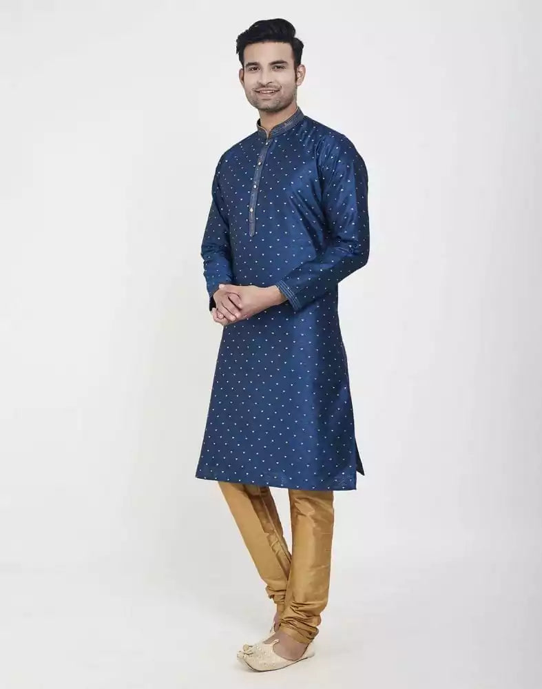 Image of Navy Blue Self Highlighted Brocade Design Kurta Pajama Set