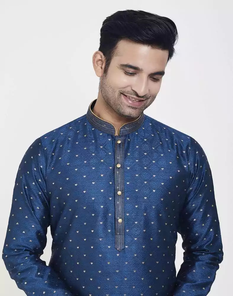 Image of Navy Blue Self Highlighted Brocade Design Kurta Pajama Set