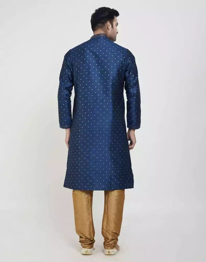 Image of Navy Blue Self Highlighted Brocade Design Kurta Pajama Set