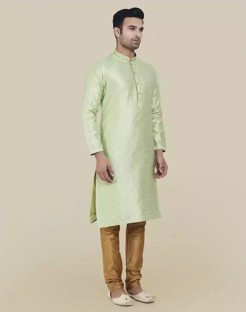 Image of Pista Green Self Highlighted Brocade Design Kurta Pajama Set