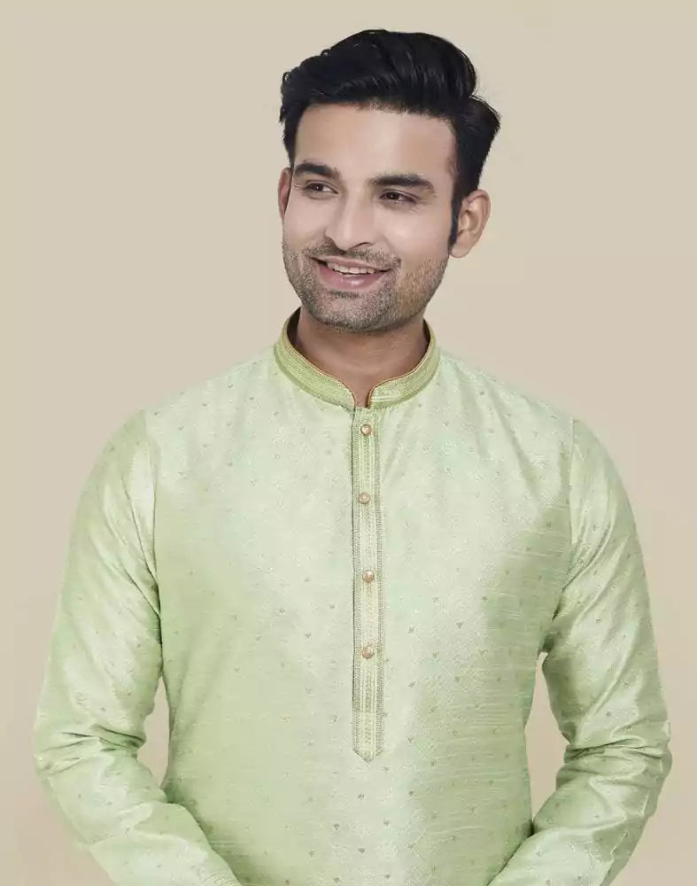 Image of Pista Green Self Highlighted Brocade Design Kurta Pajama Set