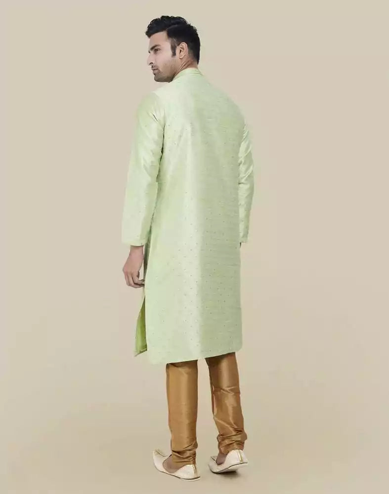 Image of Pista Green Self Highlighted Brocade Design Kurta Pajama Set