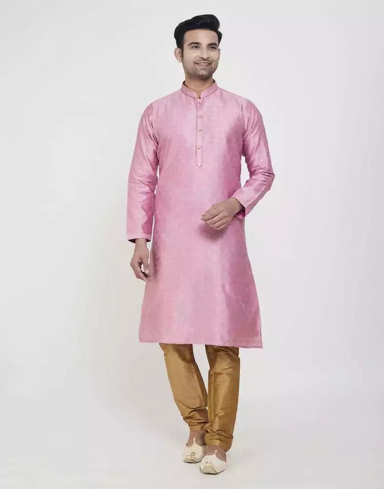 Image of Pink Self Highlighted Brocade Design Kurta Pajama Set