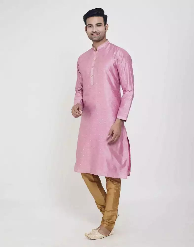Image of Pink Self Highlighted Brocade Design Kurta Pajama Set