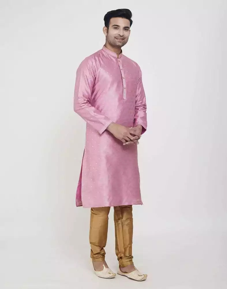 Image of Pink Self Highlighted Brocade Design Kurta Pajama Set