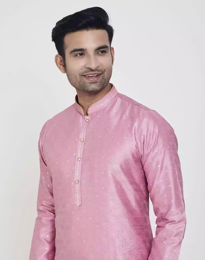 Image of Pink Self Highlighted Brocade Design Kurta Pajama Set