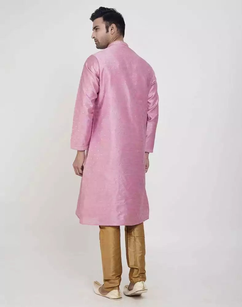 Image of Pink Self Highlighted Brocade Design Kurta Pajama Set