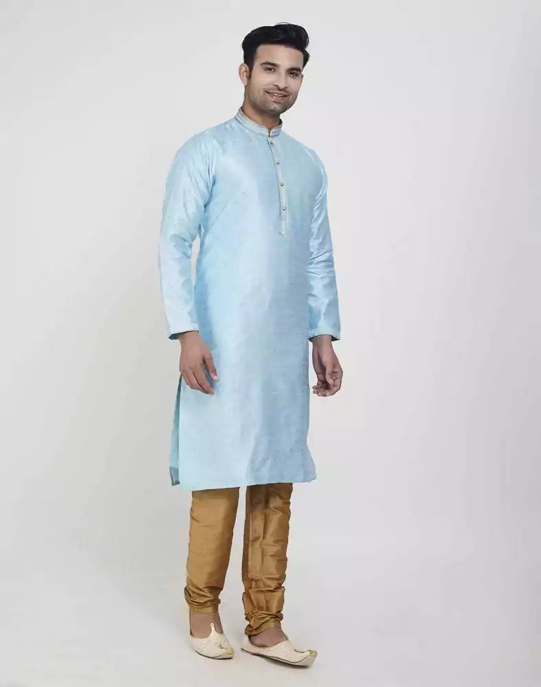 Image of Sky Blue Self Highlighted Brocade Design Kurta Pajama Set