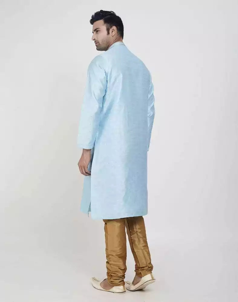 Image of Sky Blue Self Highlighted Brocade Design Kurta Pajama Set